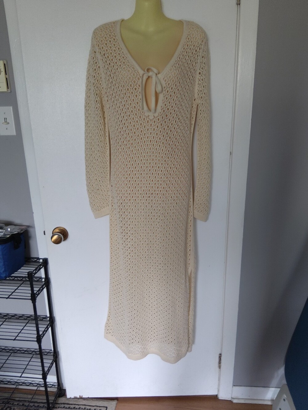 Open-Knit Cream Long Sleeve Maxi Dress